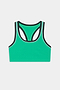 The SPLITS59 Robbie Airweight Bra in Spearmint/Military features a racerback design with black and white trim, crafted from soft spandex and nylon, shown flat against a white background.