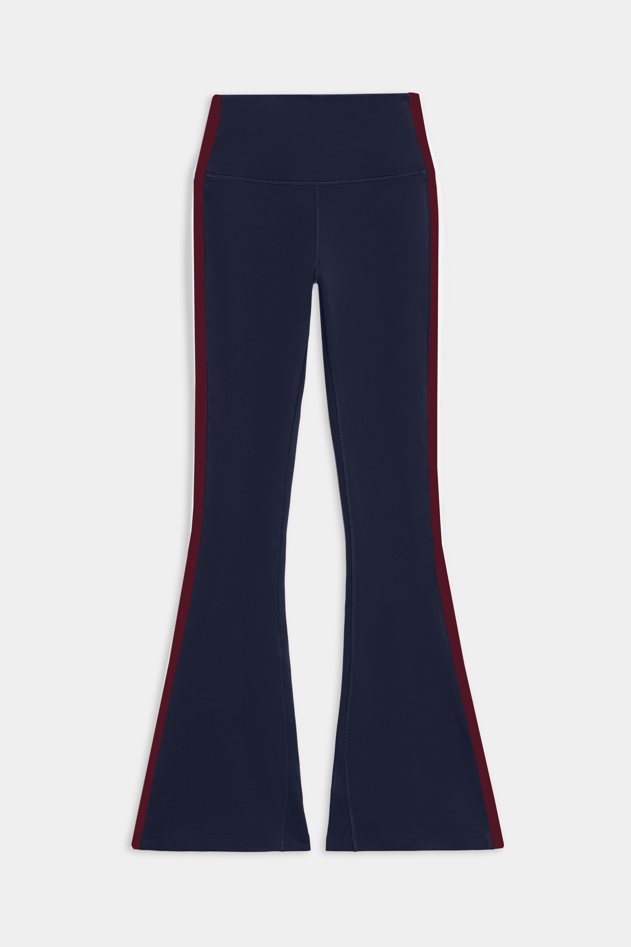 The SPLITS59 Raquel High Waist Flared Legging in Indigo/Dark Cherry features 4-way stretch fabric and maroon side panels. Ideal as workout leggings, shown flat on a white background.