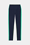 The Sam High Waist Rigor 7/8 leggings by SPLITS59 in Indigo/Spearmint feature a high waist, green side stripes, and are crafted from Rigor fabric with a 7/8 length, shown on a white background.
