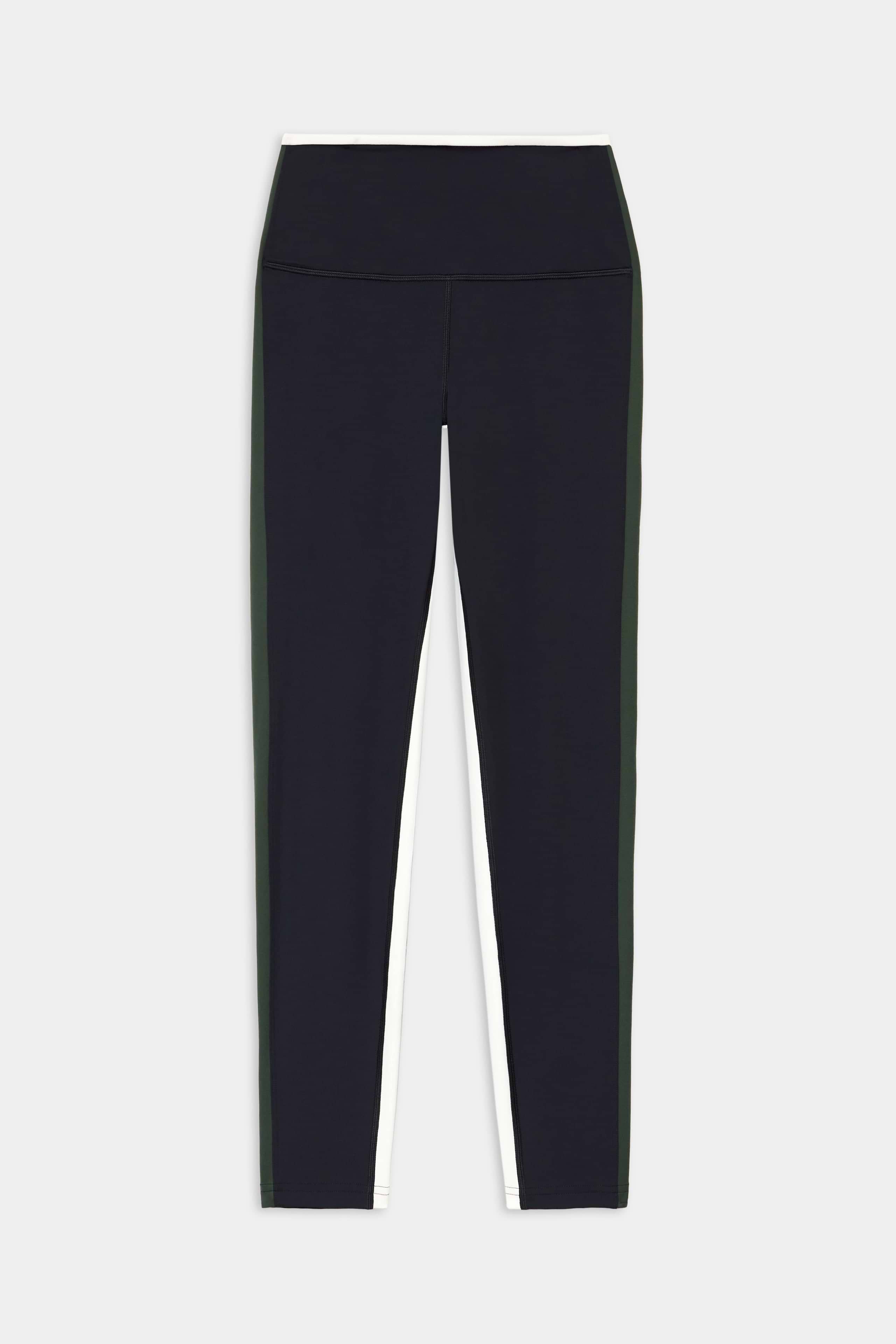 SPLITS59 Sam High Waist Rigor 7/8 leggings in black/military, crafted from Rigor fabric with dark green side panels and white outer seam accents, shown on a plain white background.