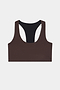 The SPLITS59 Sara Airweight Bra in Dark Chocolate, featuring a racerback and black inner lining, is perfect for Pilates or hot yoga and is shown flat against a white background.