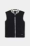 The SPLITS59 Aster Sherpa Vest in black features a white zip closure, two front pockets, and a white-striped collar, shown against a plain background.