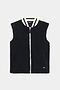 The SPLITS59 Aster Sherpa Vest in black features a white zip closure, two front pockets, and a white-striped collar, shown against a plain background.