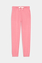 The SPLITS59 Sonja Fleece Sweatpant - Strawberry is a pink jogger with an elastic waistband, white drawstring, and elastic cuffs, crafted from ultra luxe fleece in Los Angeles for ultimate comfort. Shown laid flat on a white background.