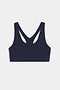 The Ella Airweight Bra by SPLITS59 features an indigo design with black currant side panels and a racerback, perfect for hot yoga. Displayed on a plain white background.