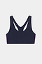 The Ella Airweight Bra by SPLITS59 features an indigo design with black currant side panels and a racerback, perfect for hot yoga. Displayed on a plain white background.
