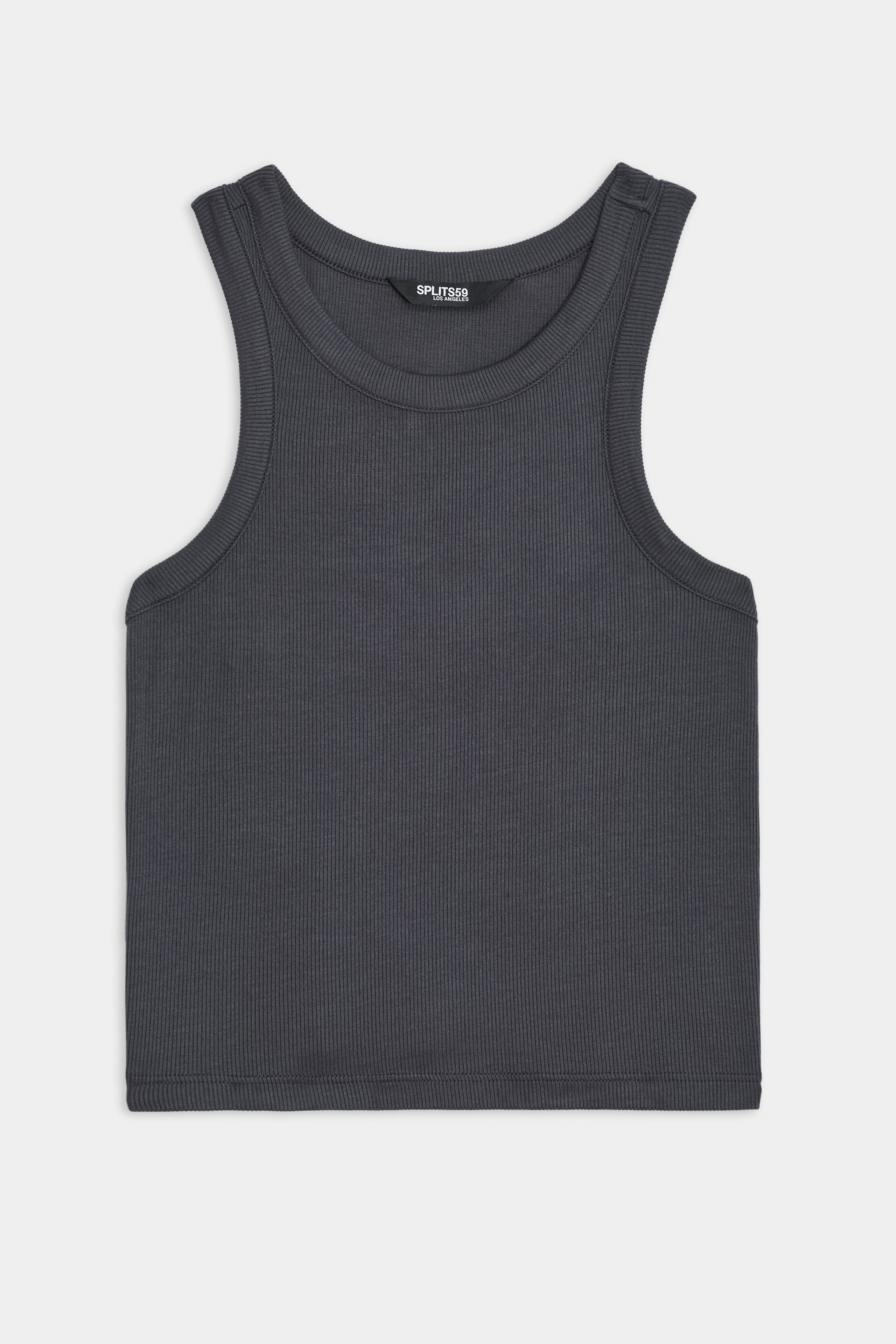 The Kiki Rib Crop Tank - Graphite by SPLITS59 is a gray ribbed tank with wide straps and a round neckline, made in Los Angeles from comfortable baby rib fabric.