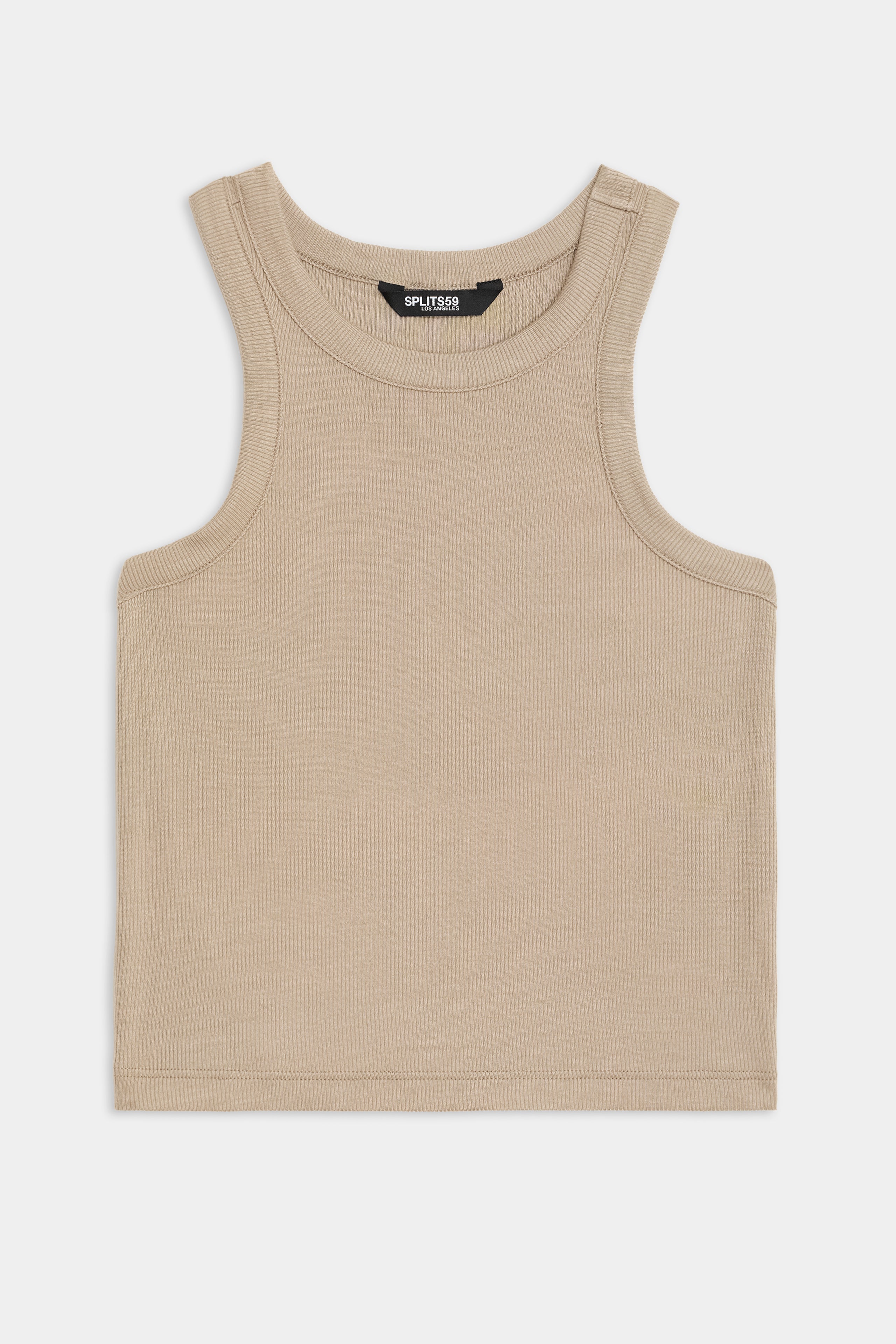The Kiki Rib Crop Tank - Latte by SPLITS59 is crafted from beige baby rib fabric with a round neckline and showcased on a flat, neutral background. Made in Los Angeles.
