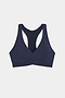 An indigo SPLITS59 Mia Rigor Bra, designed for multi-sport performance, is laid flat on a white background.
