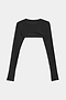 The Amelia Airweight Lite Shrug by SPLITS59 in black features a cut-out front detail, ideal for dance or yoga. Its lightweight design ensures flexibility and ease of movement, displayed flat against a white background.