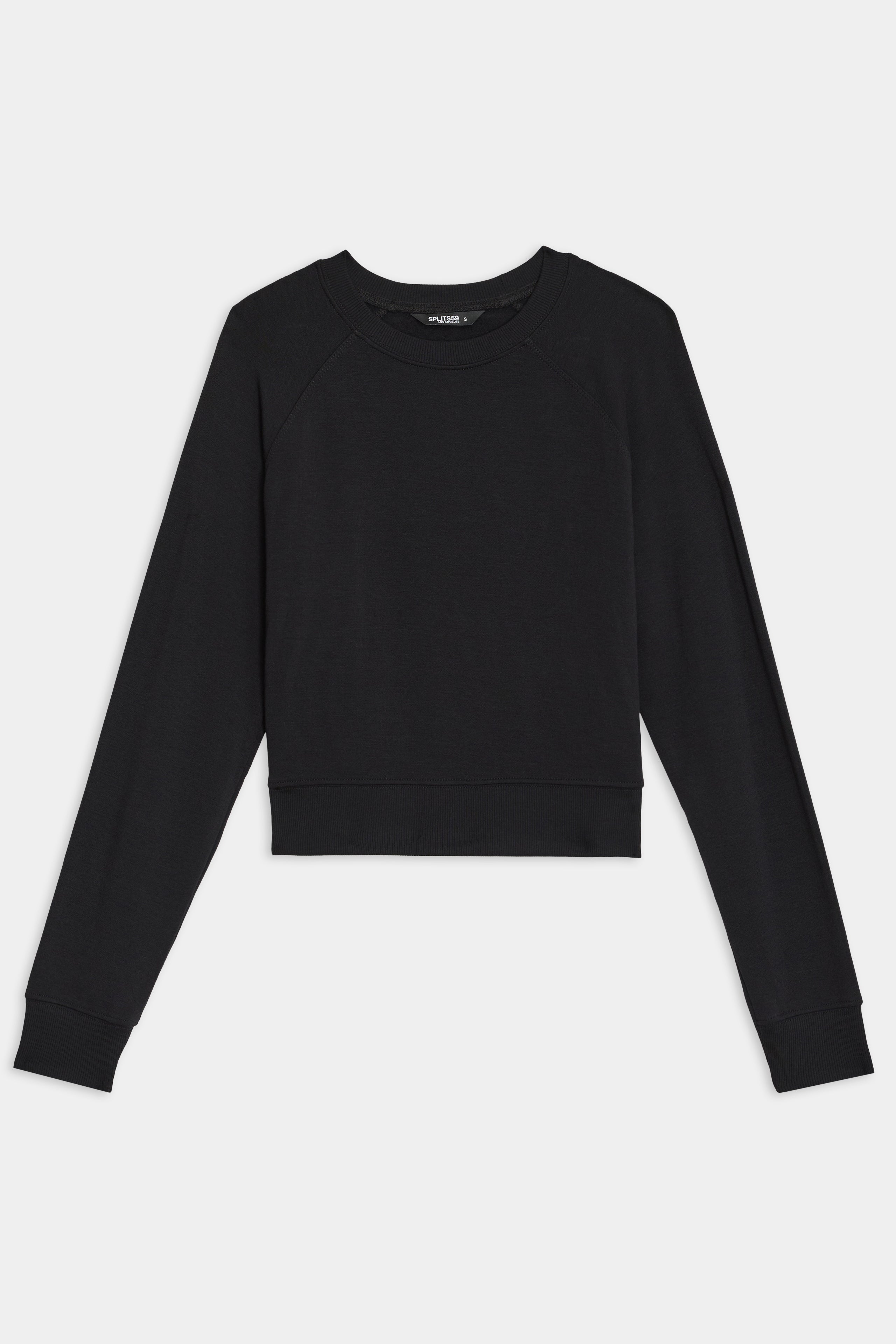 The Brooks Fleece Long Sleeve Sweatshirt in black by SPLITS59, made in Los Angeles, is shown on a white background. Ideal for yoga or a casual day out.