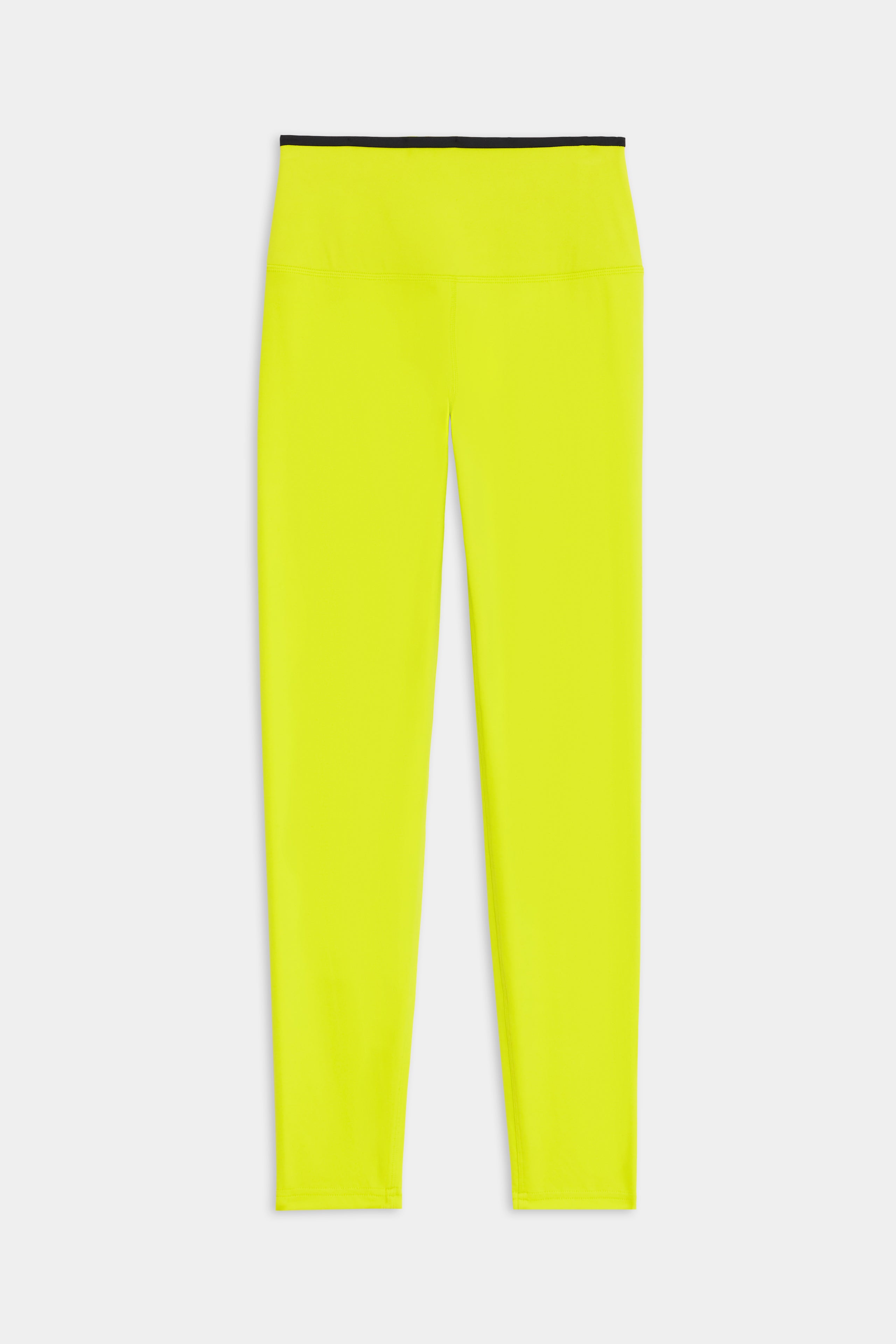The Easton Rigor High Waist 7/8 leggings by SPLITS59, in chartreuse with black trim, are perfect for gym workouts. Crafted from durable Rigor fabric, they feature a high waistband and are displayed flat against a plain white background.