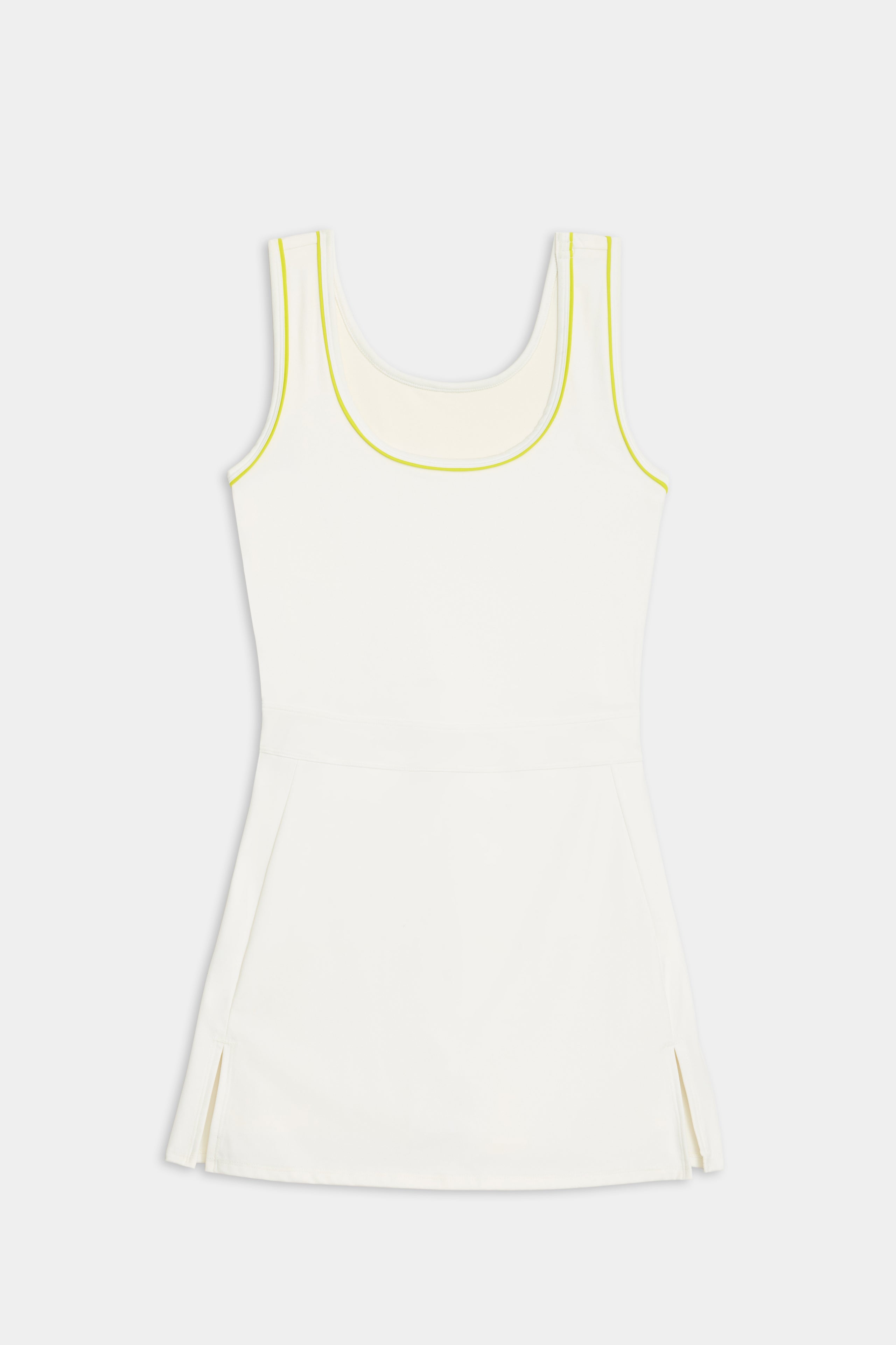 The SPLITS59 Martina Rigor Dress w/Piping - White/Chartreuse is a white sleeveless dress with yellow trim, a scoop neckline, sporty side slits, and crafted from durable Rigor fabric. Ideal for court sports, it’s elegantly displayed on a white background.