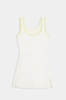 The SPLITS59 Martina Rigor Dress w/Piping - White/Chartreuse is a white sleeveless dress with yellow trim, a scoop neckline, sporty side slits, and crafted from durable Rigor fabric. Ideal for court sports, it’s elegantly displayed on a white background.