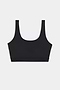 Black sports bra with wide straps and a scoop neckline, displayed flat against a white background.