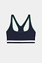 Bianca Rigor Bra - Indigo from SPLITS59, with a navy and green design on a white background, made from stretch fabric.