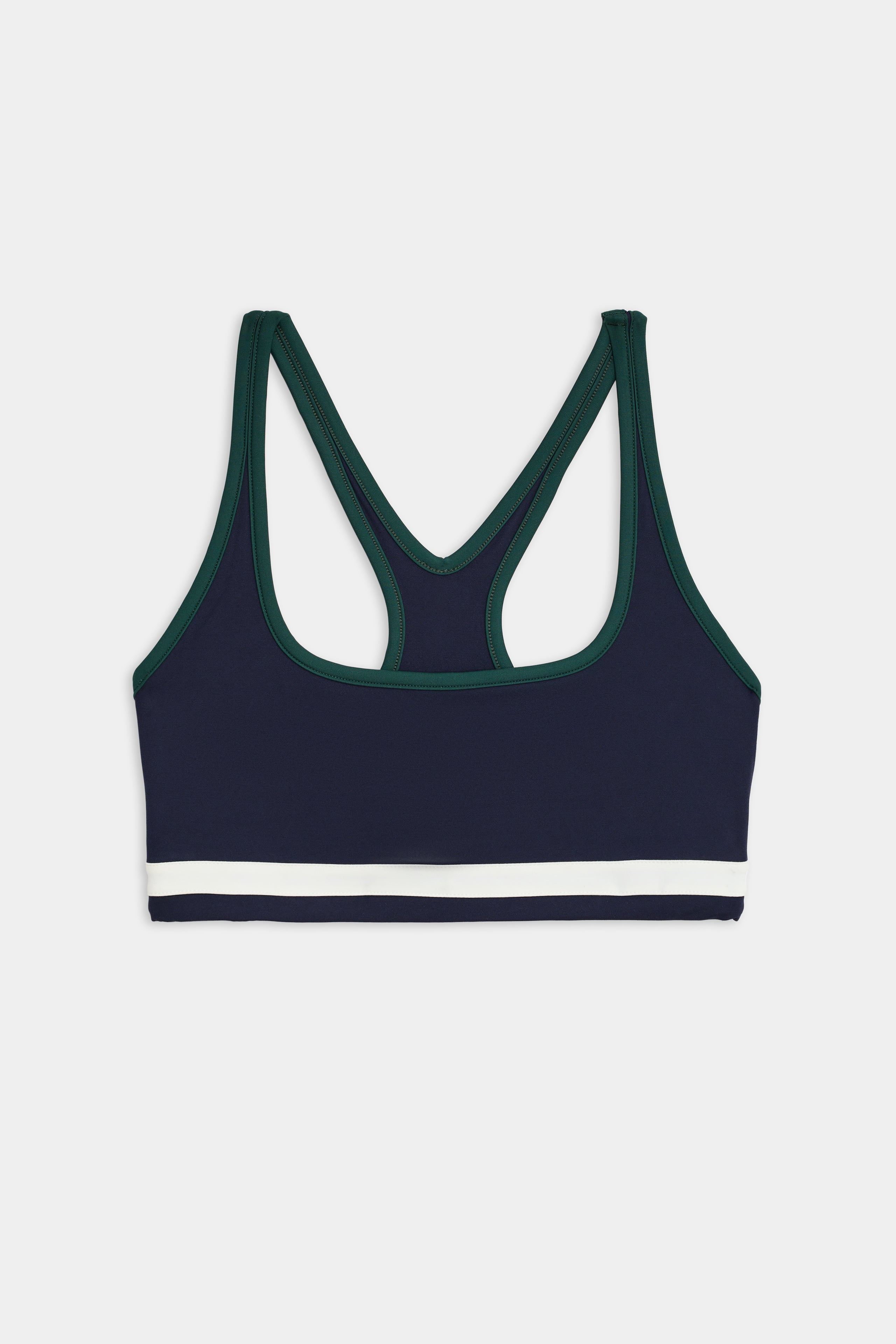 Bianca Rigor Bra - Indigo from SPLITS59, with a navy and green design on a white background, made from stretch fabric.