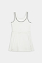 The SPLITS59 Martina Rigor Dress w/Piping - White is a sleeveless white tennis dress with black piping along the neckline and armholes, tailored from Rigor fabric. It features a fitted waist and slightly flared skirt, perfect for court sports.