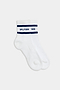 A pair of white ankle socks with blue stripes and the text "SPLITS59" displayed above the stripes, reminiscent of vintage sport style—Logo Stripe Quarter Socks - White/Indigo by SPLITS59.