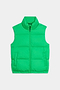 The SPLITS59 Summit Nylon Puffer Vest in Grass features lightweight insulation, a high collar, front zipper, and two side pockets—ideal for cool weather workouts. Shown laid flat on a white background.