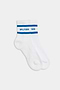 A pair of Logo Stripe Quarter Socks by SPLITS59 in white with blue stripes and "SPLITS59" text near the top.