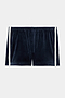 The SPLITS59 Heritage Velour Short in indigo/white features soft polyester-spandex fabric with white side stripes and is shown flat on a white background.
