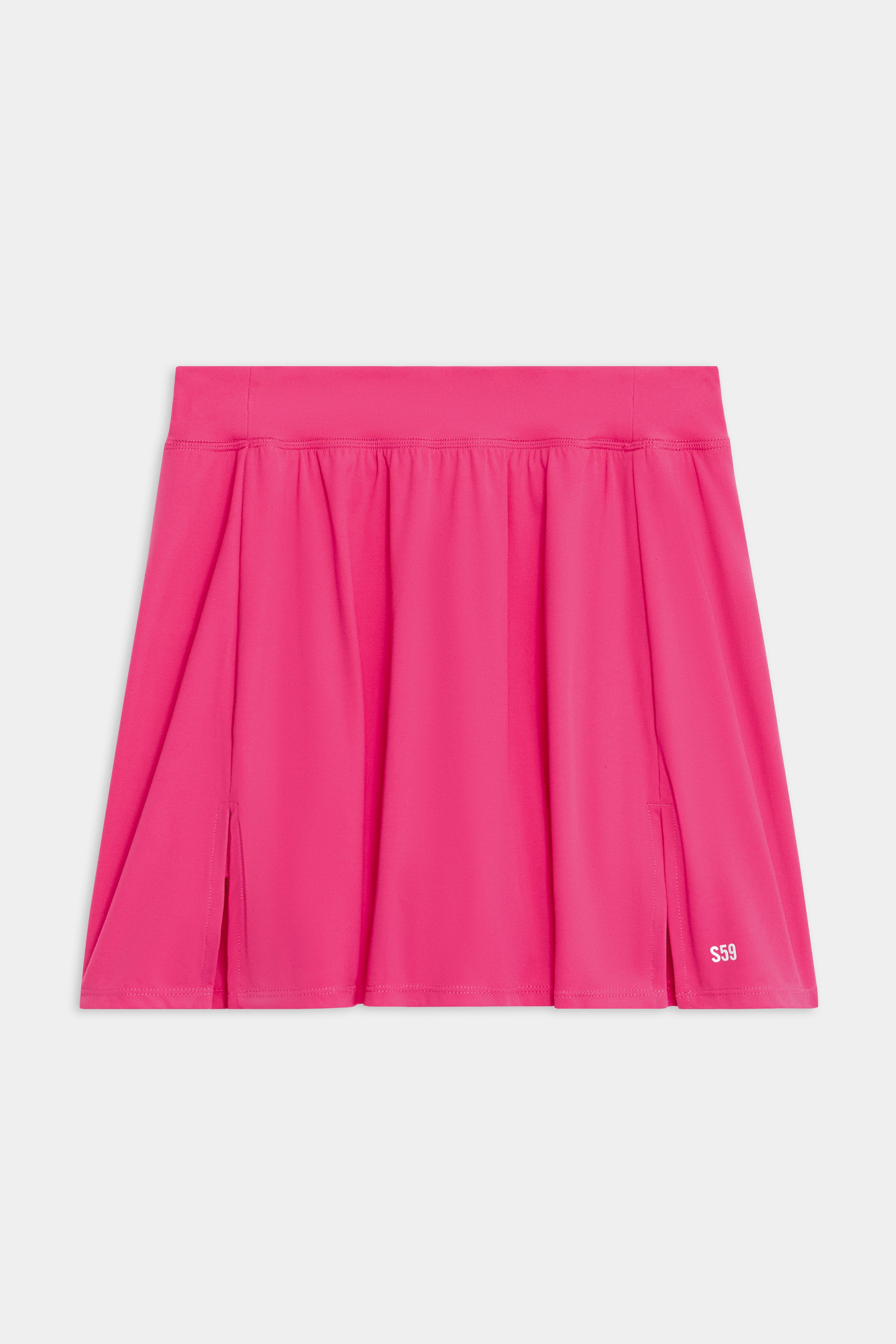 The SPLITS59 Venus High Waist Rigor Skort in Berry is a bright pink pleated tennis skort with small side slits and "SSS" printed in white near the right hem, made from high-performance fabric for stylish workouts.