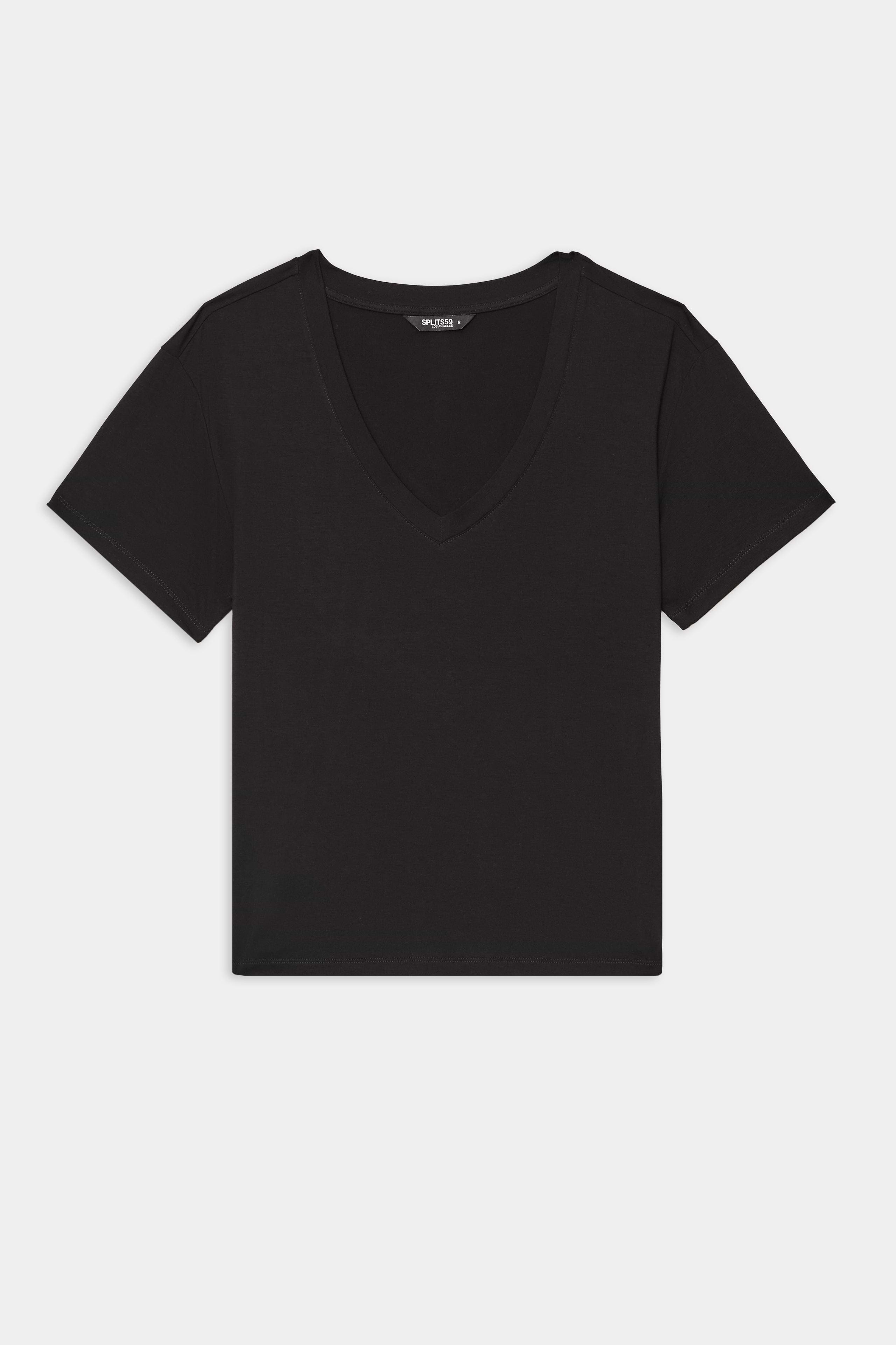 The SPLITS59 Georgia Jersey V-Neck in black is a soft short-sleeve T-shirt, crafted from a viscose and spandex blend, shown laid flat on a white background.