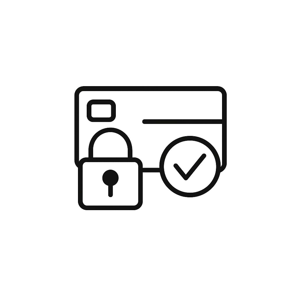The Secure Card Check by SPLITS59 features a credit card outline with a padlock and checkmark, symbolizing safe online transactions and secure payment.