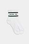 A pair of Logo Stripe Quarter Socks by SPLITS59, featuring a retro-inspired design in white with black stripes near the top and "SPLITS59" text in green.