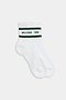 A pair of Logo Stripe Quarter Socks by SPLITS59, featuring a retro-inspired design in white with black stripes near the top and "SPLITS59" text in green.