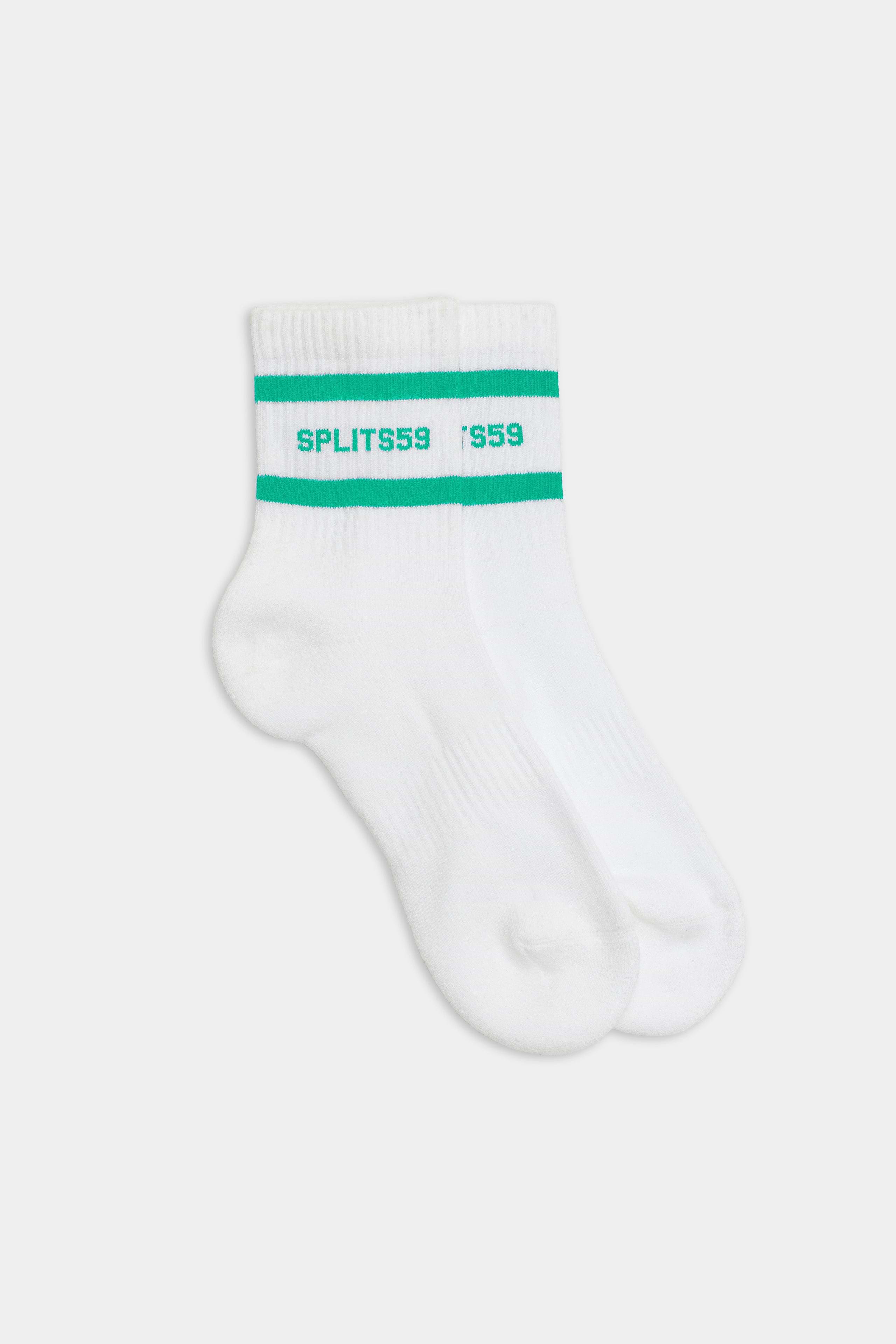 The SPLITS59 Logo Stripe Quarter Socks in White/Spearmint feature green stripes and "SPLITS59" branding in green near the top for a retro athletic look.