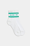 The SPLITS59 Logo Stripe Quarter Socks in White/Spearmint feature green stripes and "SPLITS59" branding in green near the top for a retro athletic look.
