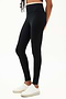 Side view of girl wearing black leggings with thin white band around waist with white shoes