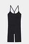 Flat view of black mid thigh spaghetti strap body suit/one piece