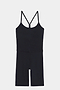 Flat view of black mid thigh spaghetti strap body suit/one piece