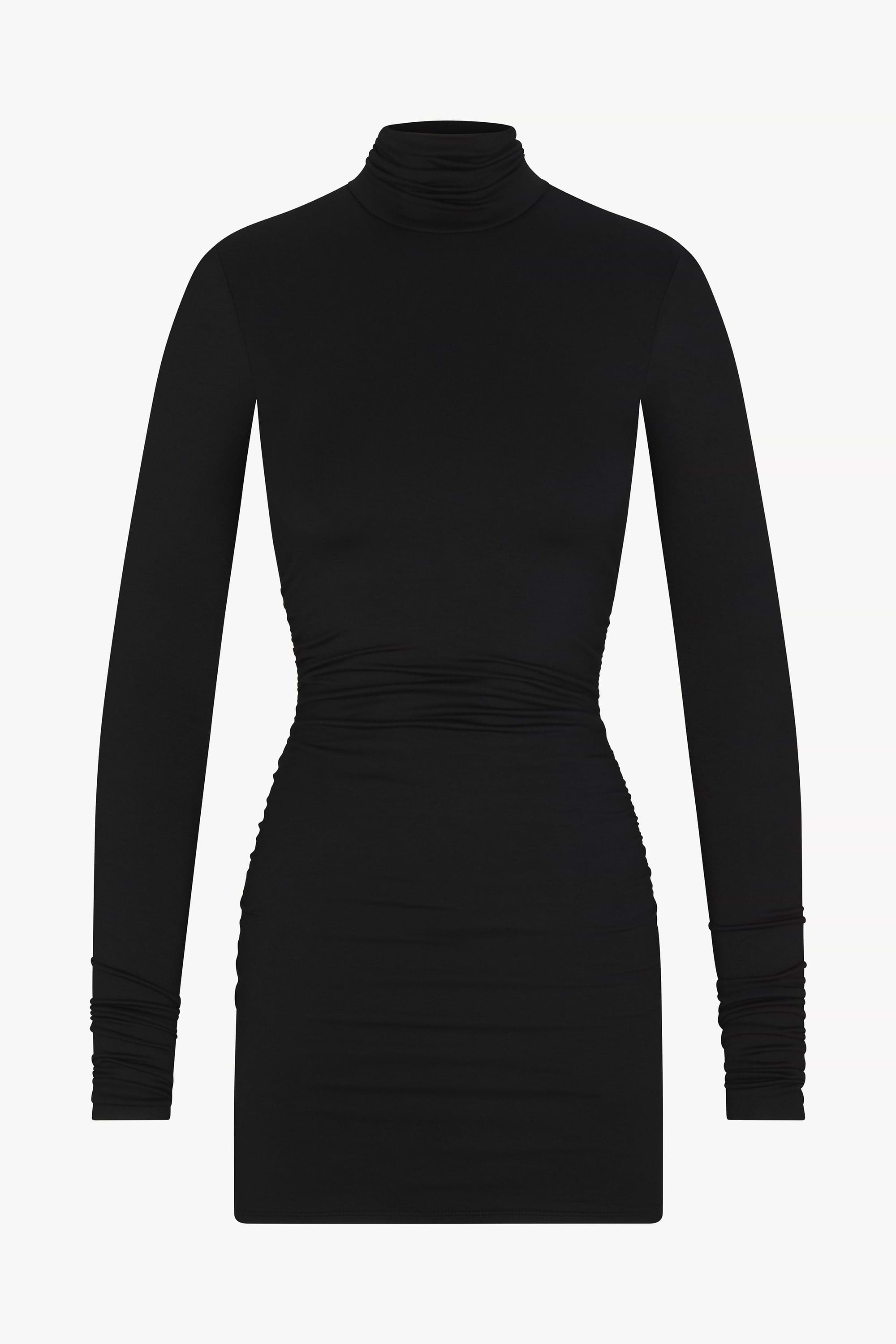 ÉTERNE LONG SLEEVE RUCHED TURTLENECK MINI DRESS