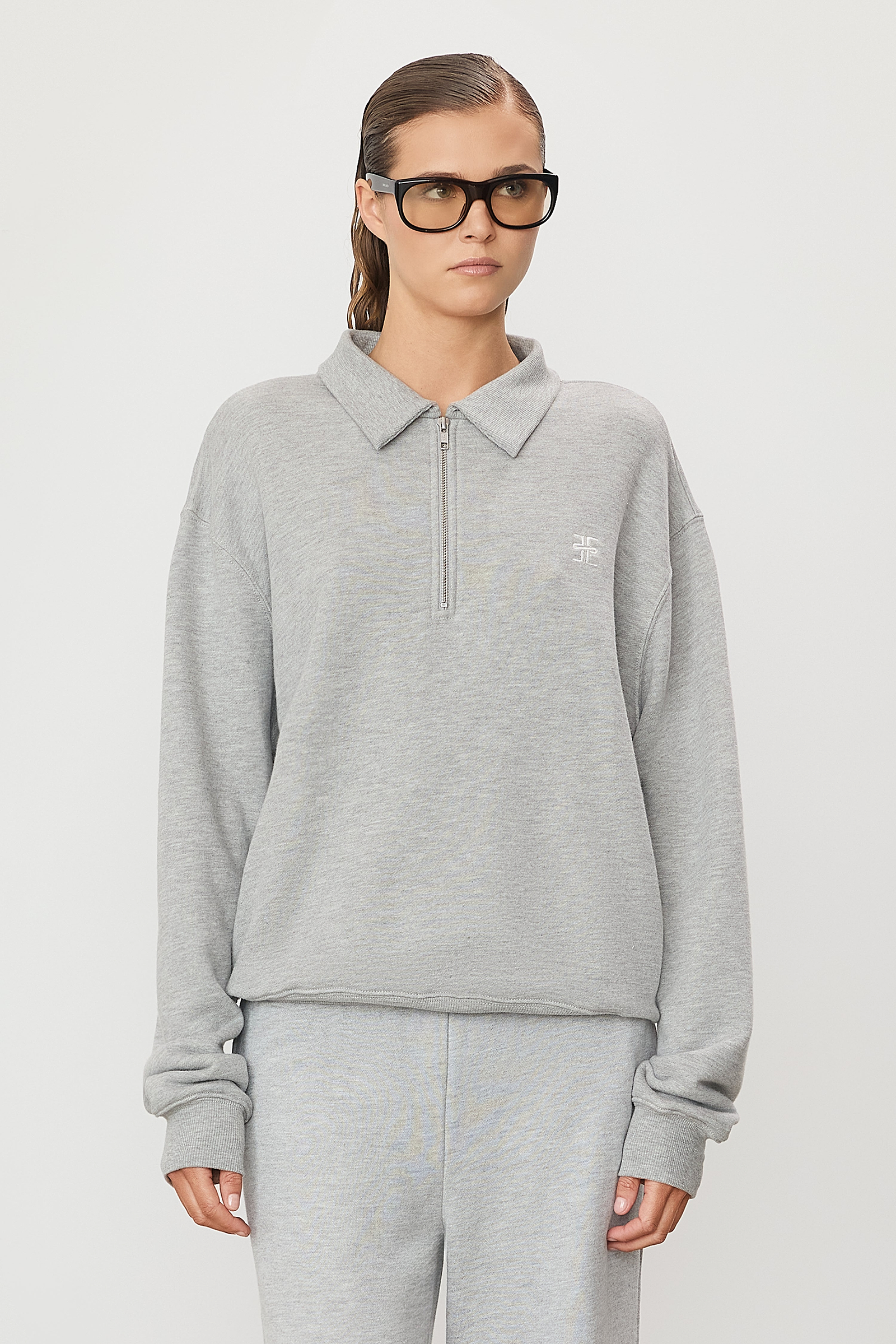 Zip-Up Polo Sweatshirt Heather Grey - ÉTERNE