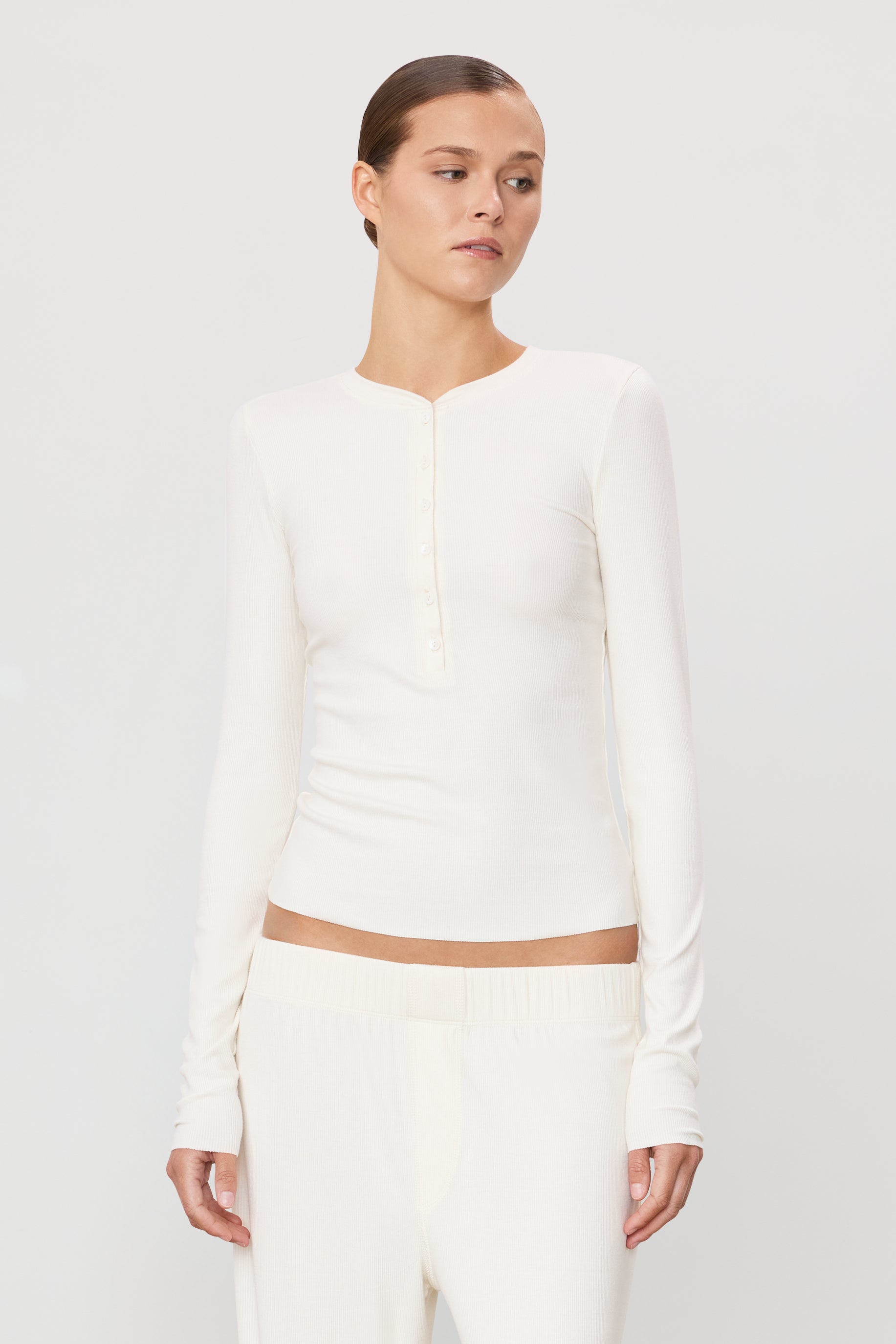ANCELLM HENLEY RIB LS T-SHIRT （CREAM） Long Sleeve Henley | Butter Rib | Cream