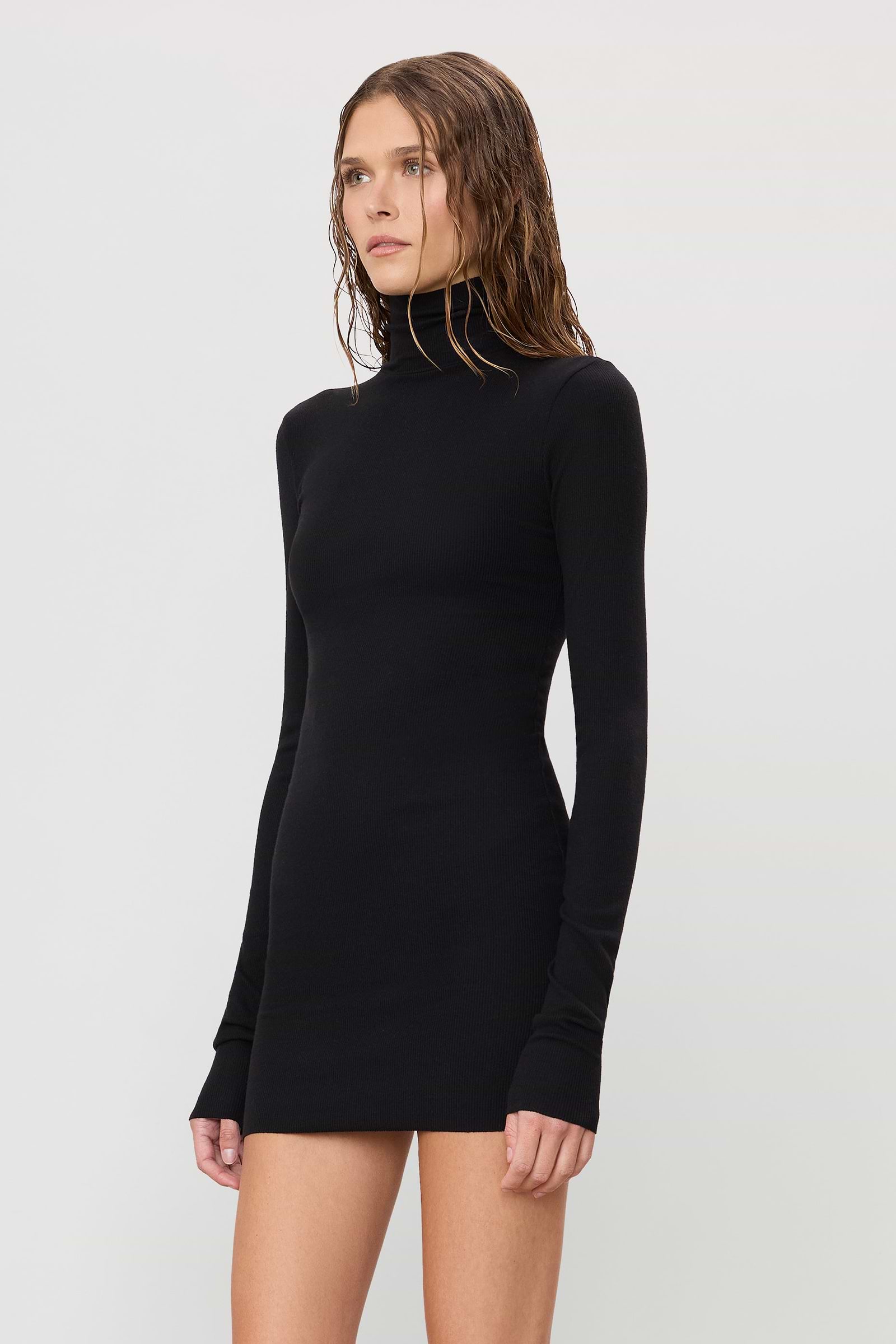 Long Sleeve Turtleneck Mini Dress | Butter Rib | Black Long Sleeve Turtleneck Mini Dress | Butter Rib | Black