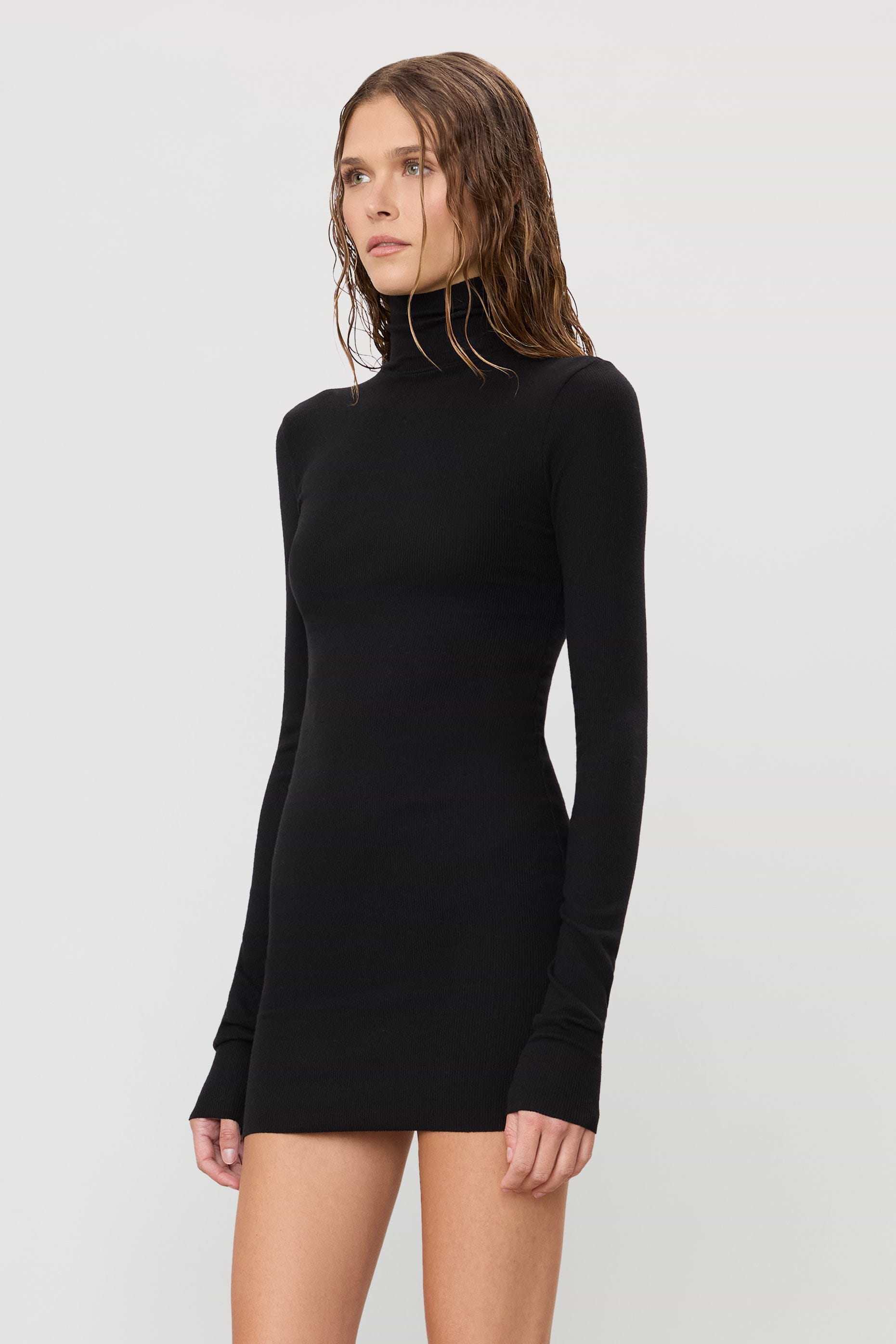 Long Sleeve Turtleneck Mini Dress | Butter Rib | Black Long Sleeve Turtleneck Mini Dress | Butter Rib | Black