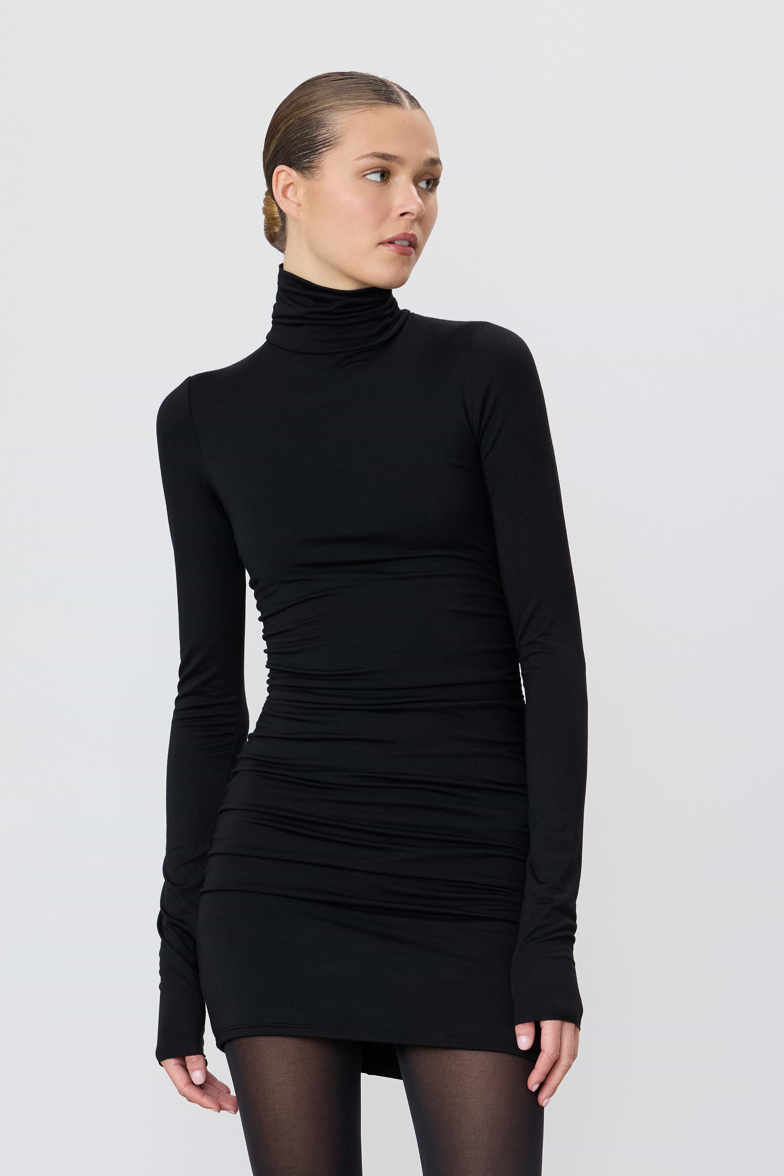 ÉTERNE LONG SLEEVE RUCHED TURTLENECK MINI DRESS