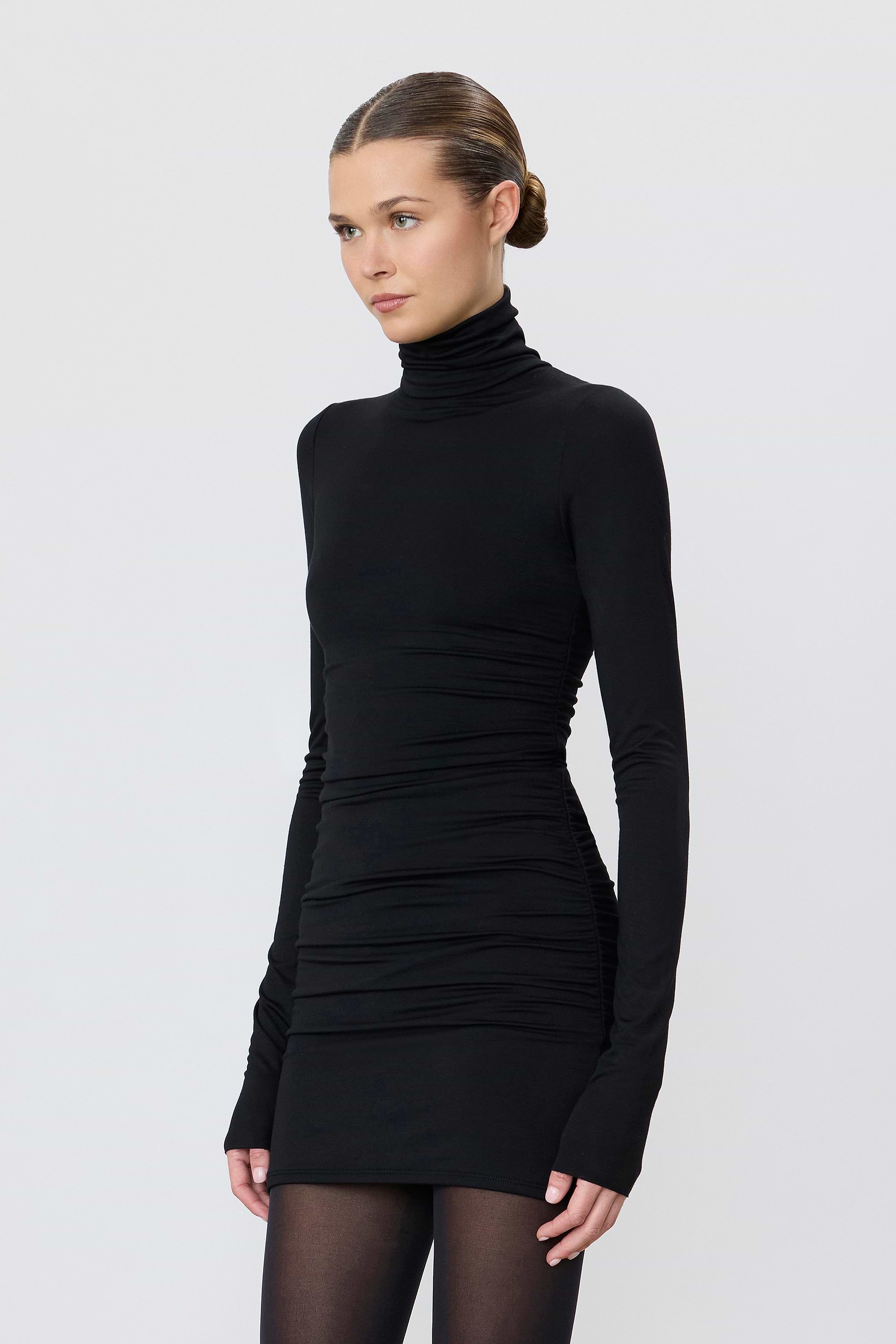 ÉTERNE LONG SLEEVE RUCHED TURTLENECK MINI DRESS