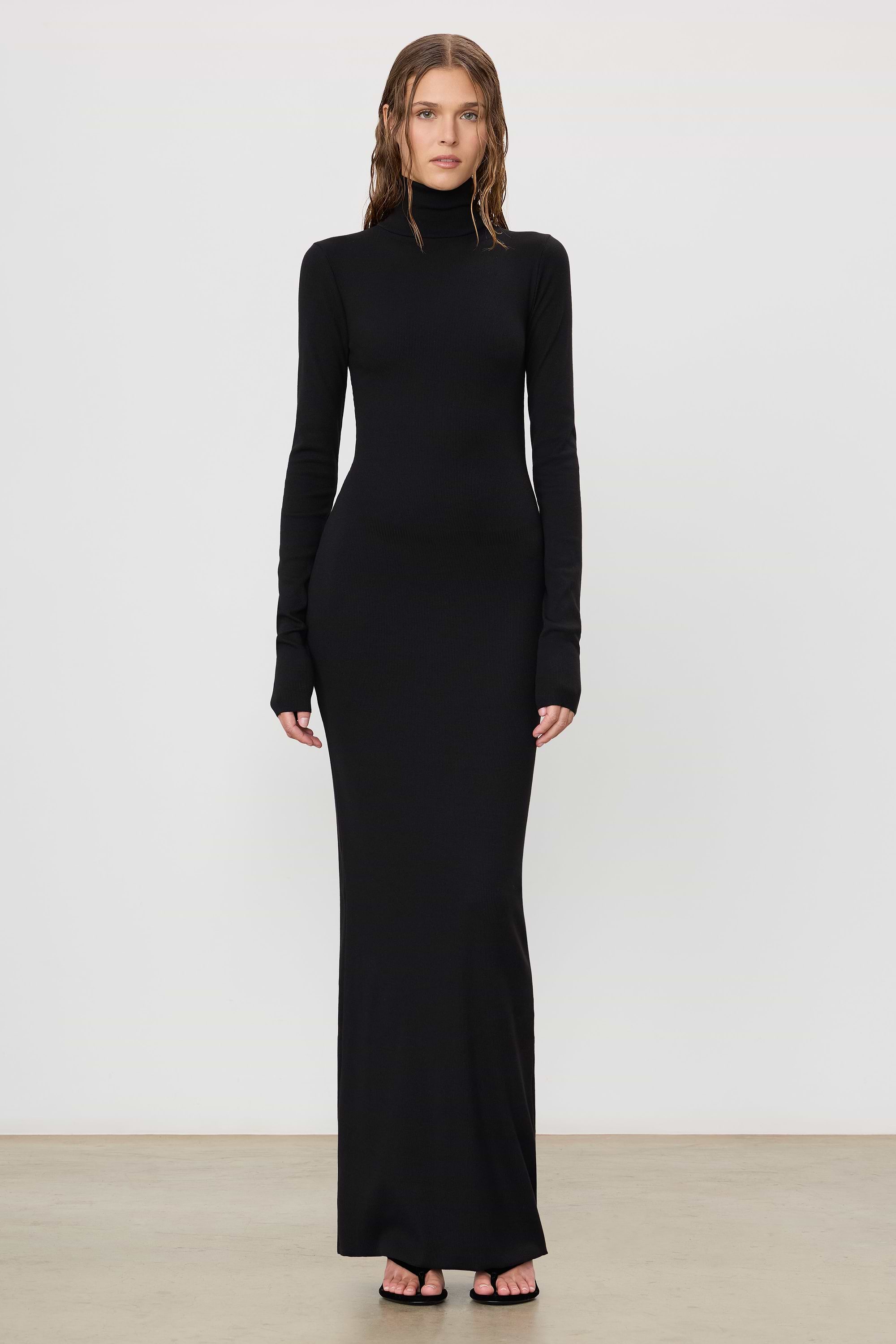 Long Sleeve Turtleneck Maxi Dress | Butter Rib | Black Long Sleeve Turtleneck Maxi Dress | Butter Rib | Black