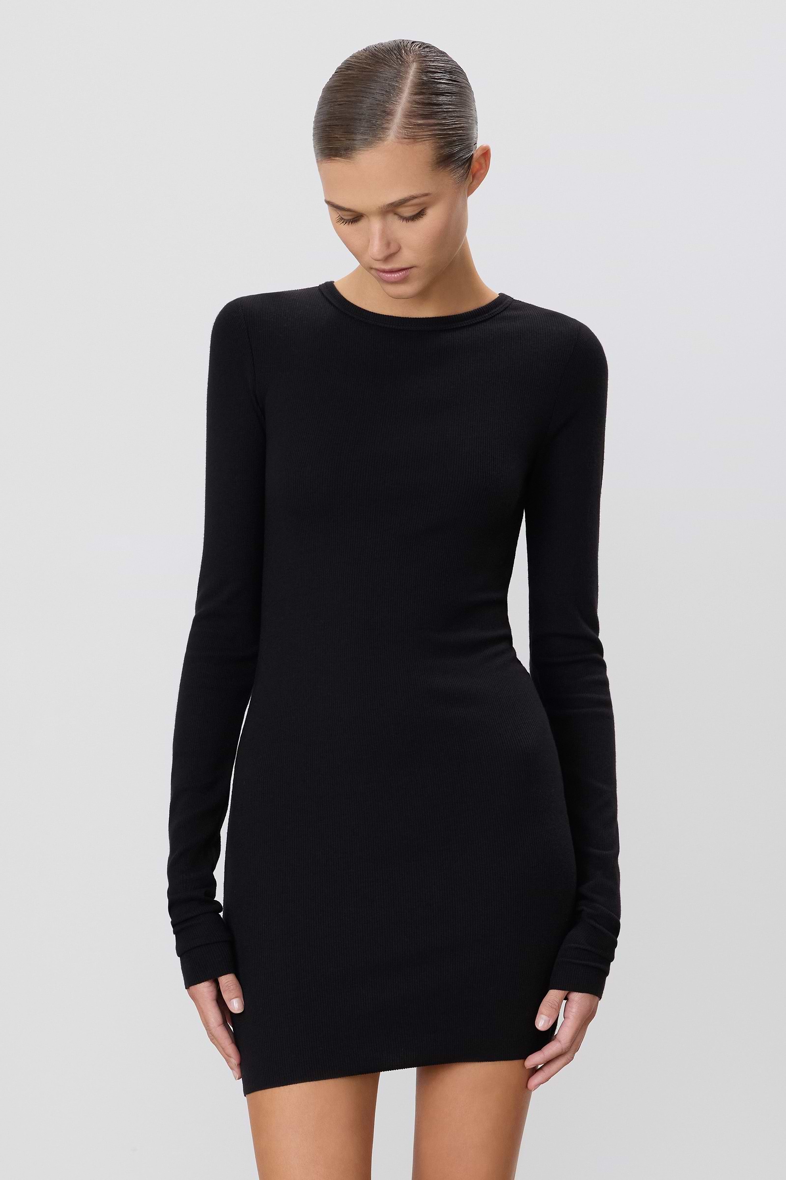 Long Sleeve Crewneck Mini Dress | Butter Rib | Black Long Sleeve Crewneck Mini Dress | Butter Rib | Black