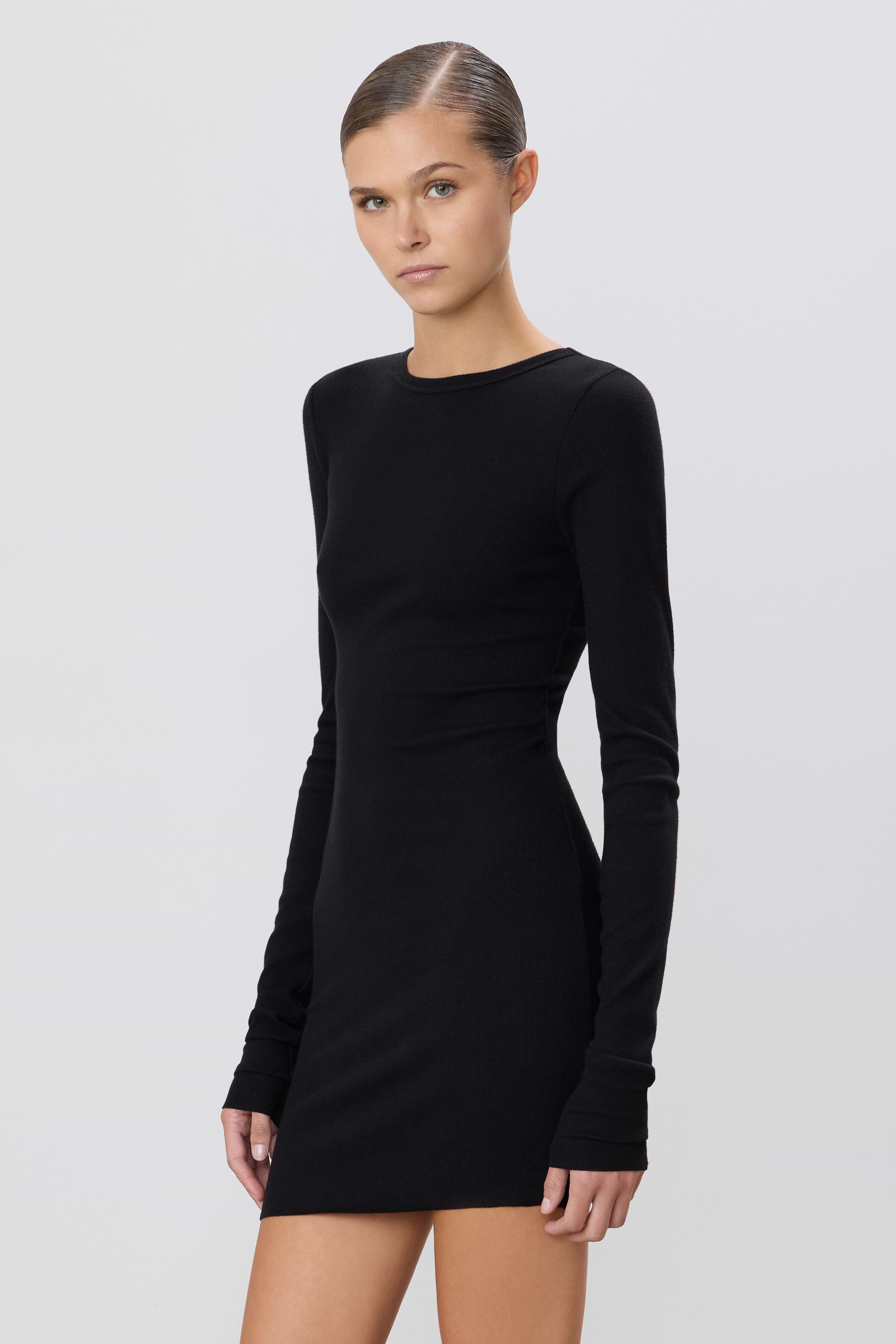 Long Sleeve Crewneck Mini Dress | Butter Rib | Black Long Sleeve Crewneck Mini Dress | Butter Rib | Black