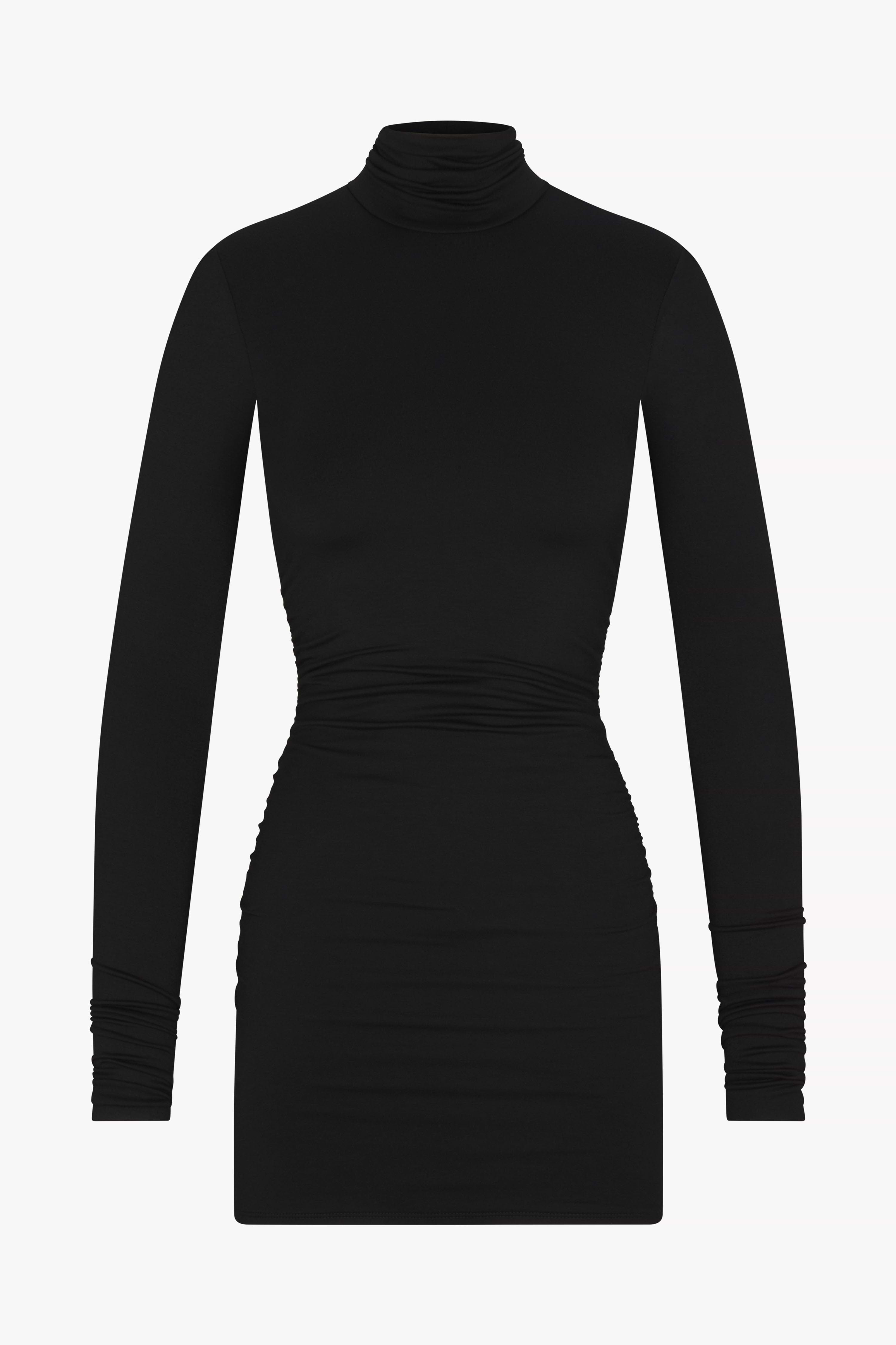 LONG SLEEVE RUCHED TURTLENECK MINI DRESS
