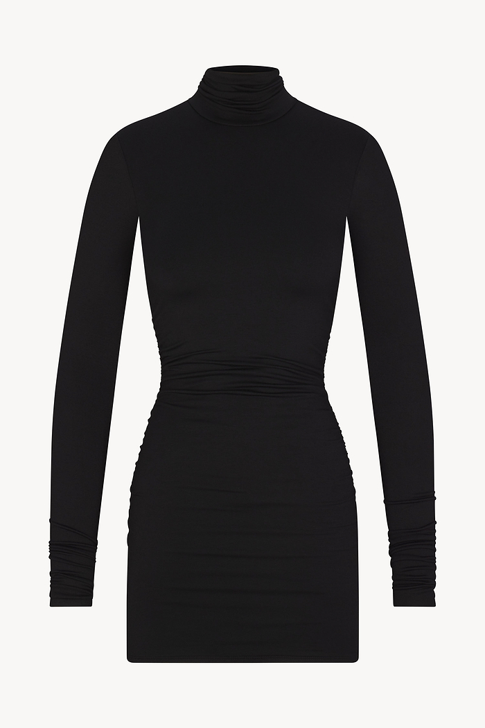 LONG SLEEVE RUCHED TURTLENECK MINI DRESS