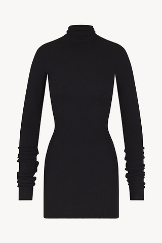 fitted lace wedding dress ÉTERNE Long Sleeve Turtleneck Mini Dress | Black | Size S