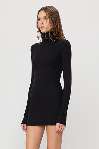 Long Sleeve Turtleneck Mini Dress | Butter Rib | Black